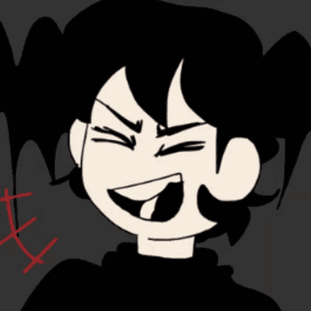 a cartoon of a girl with black hair and a red x around her neck