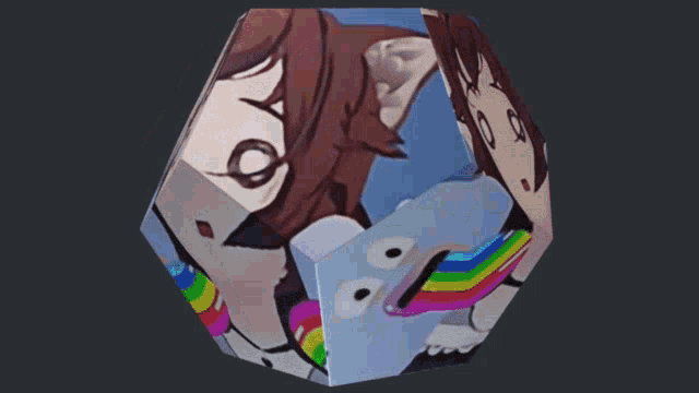 a cube with a picture of a girl with a rainbow coming out of her mouth
