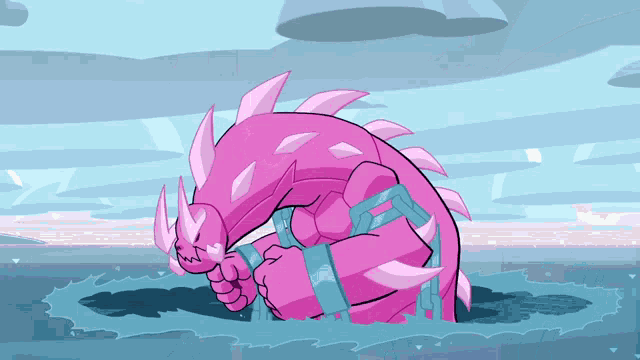 a cartoon drawing of a pink monster with horns and spikes