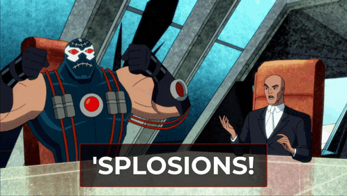 a man in a suit sits at a table next to a cartoon character that says splosions