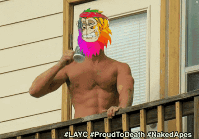 a shirtless man standing on a balcony with a colorful monkey head
