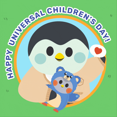 an illustration of a penguin holding a teddy bear with the words universal children 's day written around it