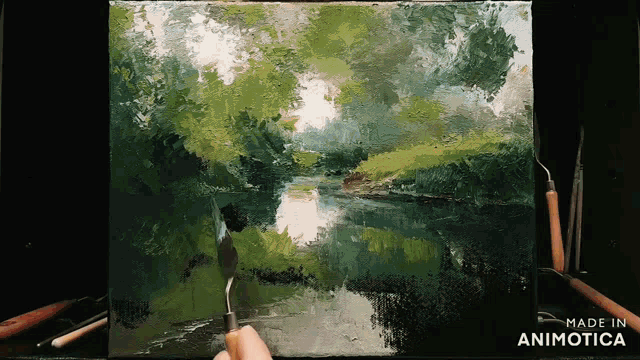 a painting of a river and trees is made in animotica