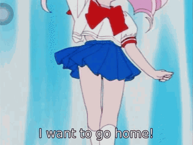 a girl in a blue skirt is dancing and says i want to go home !
