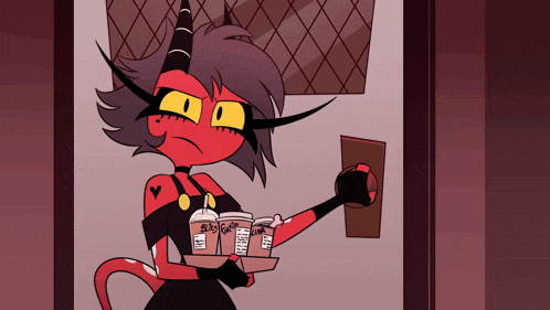 a cartoon character is holding a tray of coffee cups that say starbucks