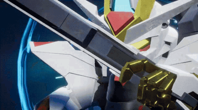 a close up of a robot with a sword and a blue circle in the background