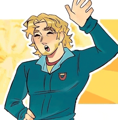 a cartoon of a man in a blue jacket waving his hand in the air .