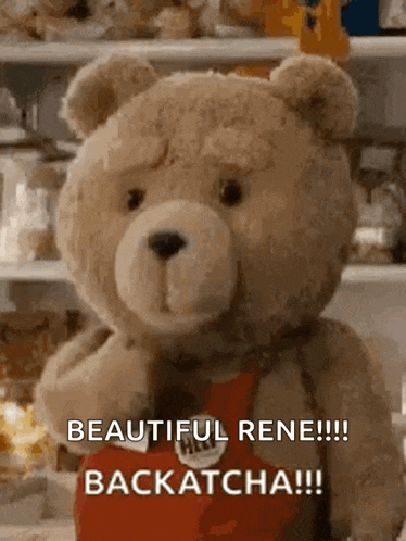 a teddy bear wearing an apron is standing in front of a shelf .