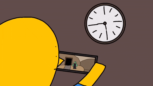 a yellow cartoon character is looking at a clock which shows the time as 5:05