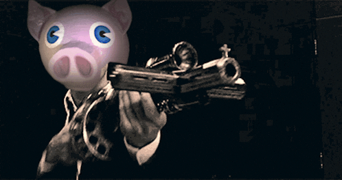 a man in a suit is holding a gun with a pig head in the background