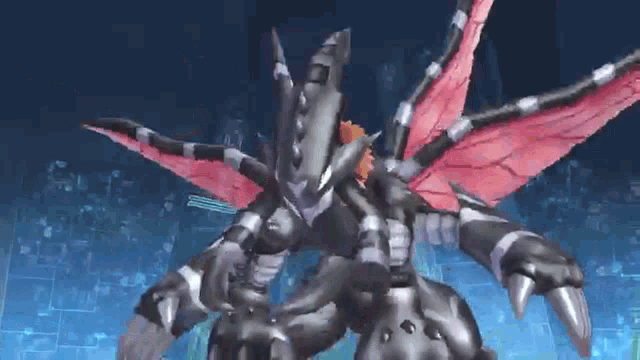 a black and red dragon with wings is flying in the air .