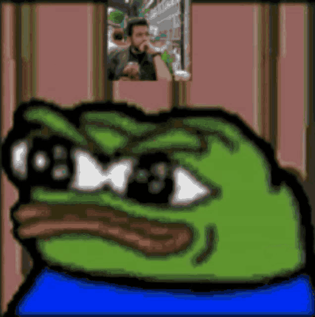 a pixel art of a green frog with sunglasses on