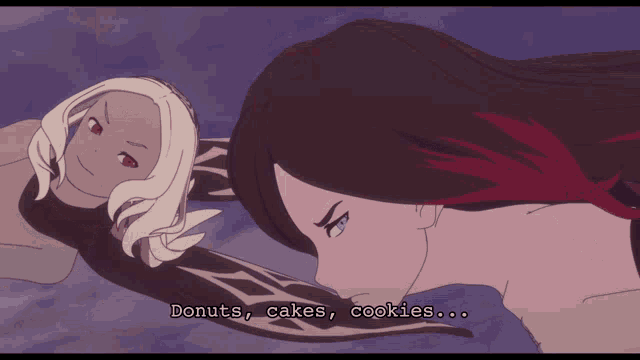 a cartoon of a woman saying donuts cakes and cookies