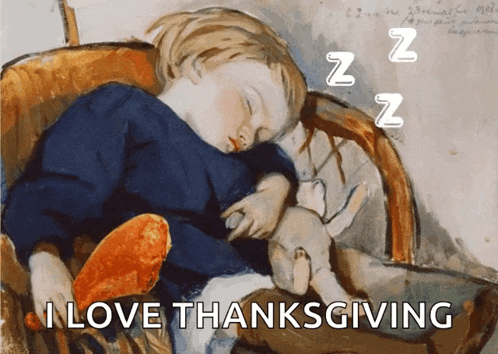 a painting of a child sleeping with a stuffed animal with the words i love thanksgiving below it