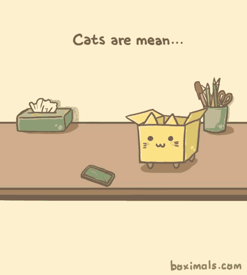 a box that says cats are mean sits on a desk
