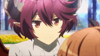 a girl with purple hair and horns is standing next to a girl with brown hair .