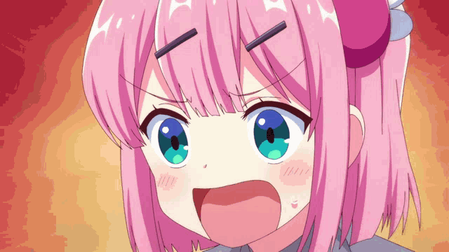 a girl with pink hair and blue eyes making a surprised face