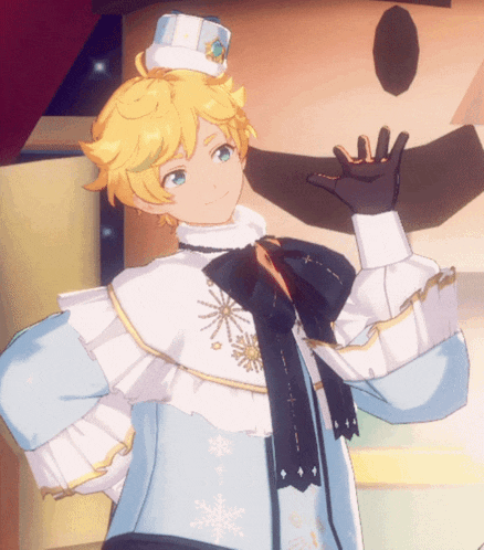 a yellow haired anime character wearing a white hat and a blue coat