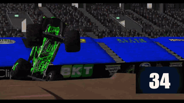 a monster truck is on a ramp in a video game with the number 30 on the screen