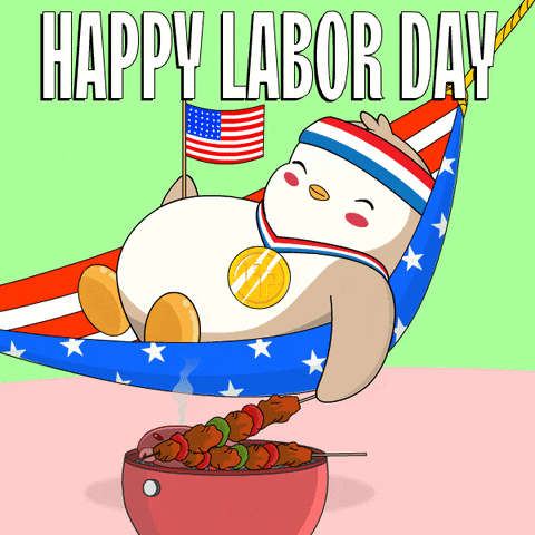 a penguin laying in a hammock with the words happy labor day written above it