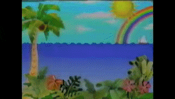a pixel art painting of a beach with a rainbow in the sky