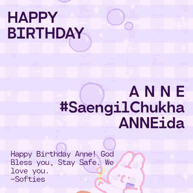 a birthday card for anne with bubbles and stars on a purple checkered background