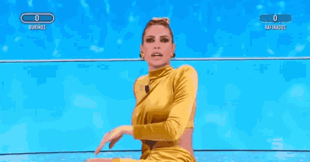 a woman in a yellow dress is sitting in front of a blue background with the number 0 written on it