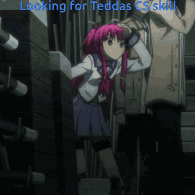 a girl with pink hair is standing next to a man with the words " looking for teddar cs skill "