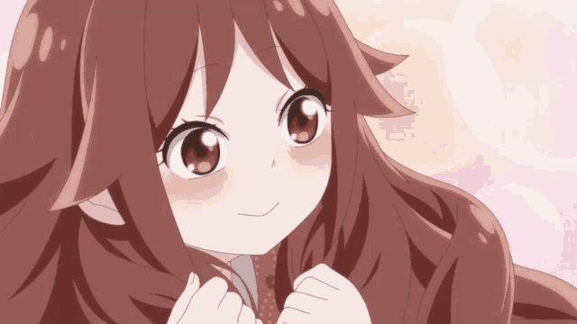 a girl with long brown hair and red eyes
