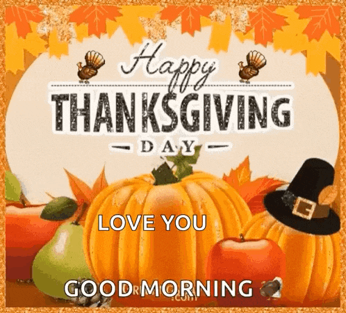 a happy thanksgiving day greeting card with pumpkins , apples , turkeys and a pilgrim hat .