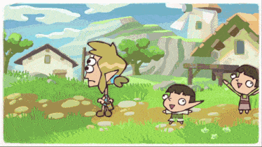 a cartoon of link standing in a grassy field with two children