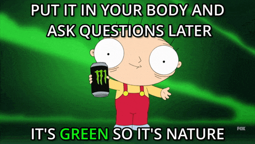 a cartoon character is holding a monster energy drink