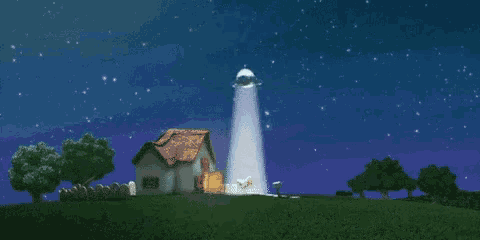 a cartoon ufo is flying through the night sky .
