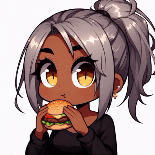 a cartoon girl is eating a hamburger with a cross earring