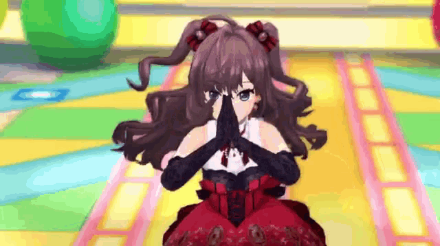 a girl in a red dress and black gloves is praying in a video game .
