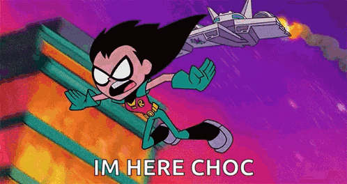 robin from teen titans go is flying through the air while a jet is flying in the background .