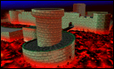 a computer generated image of a castle in the middle of a lava filled area