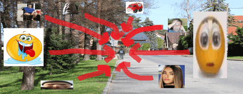 a collage of images including a smiley face and a red car