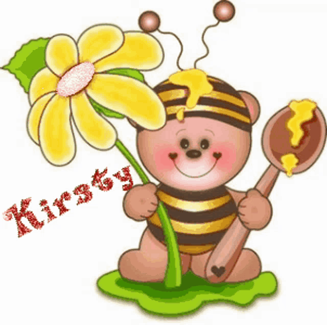 a teddy bear dressed as a bee holding a spoon of honey and a flower