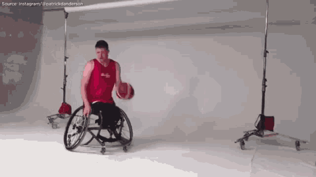a man in a wheelchair is holding a basketball in his hands .