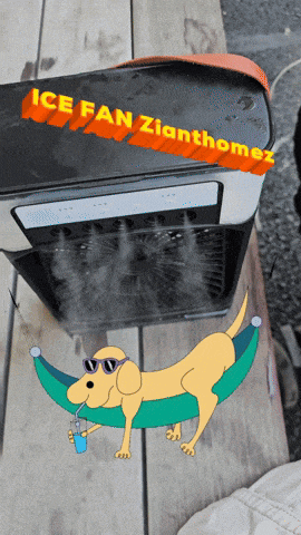 a cartoon of a dog laying in a hammock with the words ice fan zlanthomez below it