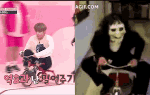 a man wearing a mask is riding a bike next to a man wearing a skull mask .