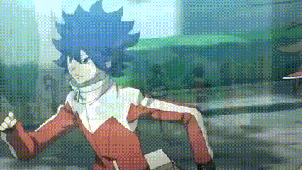 a cartoon character with blue hair is running down the street .