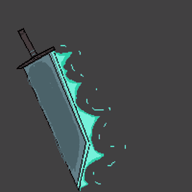 a pixel art drawing of a sword with green flames coming out of the blade