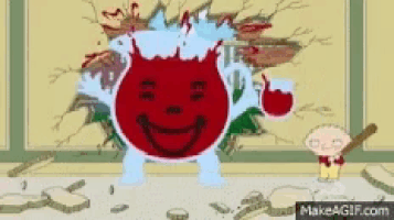 a cartoon character is standing in front of a wall with a red smiley face on it