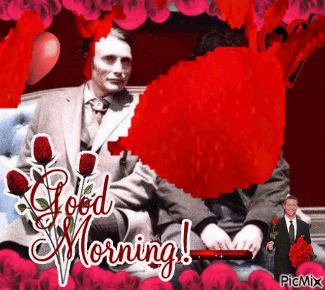 a man in a suit and tie is surrounded by red roses and the words good morning