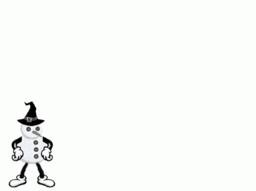 a cartoon snowman wearing a black witch hat and boots is dancing .