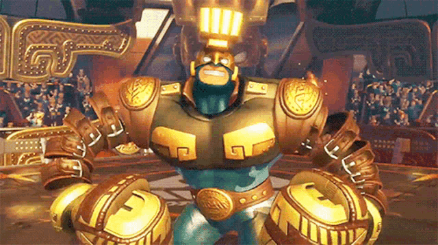 a cartoon character with a helmet on his head is standing in front of a crowd of people