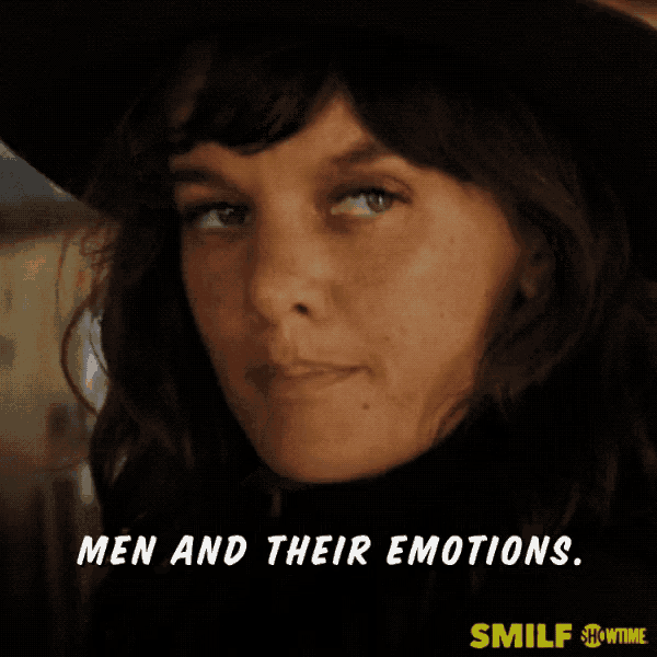 a woman wearing a cowboy hat with the words men and their emotions below her