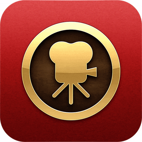 a red icon with a gold circle and a camera in it